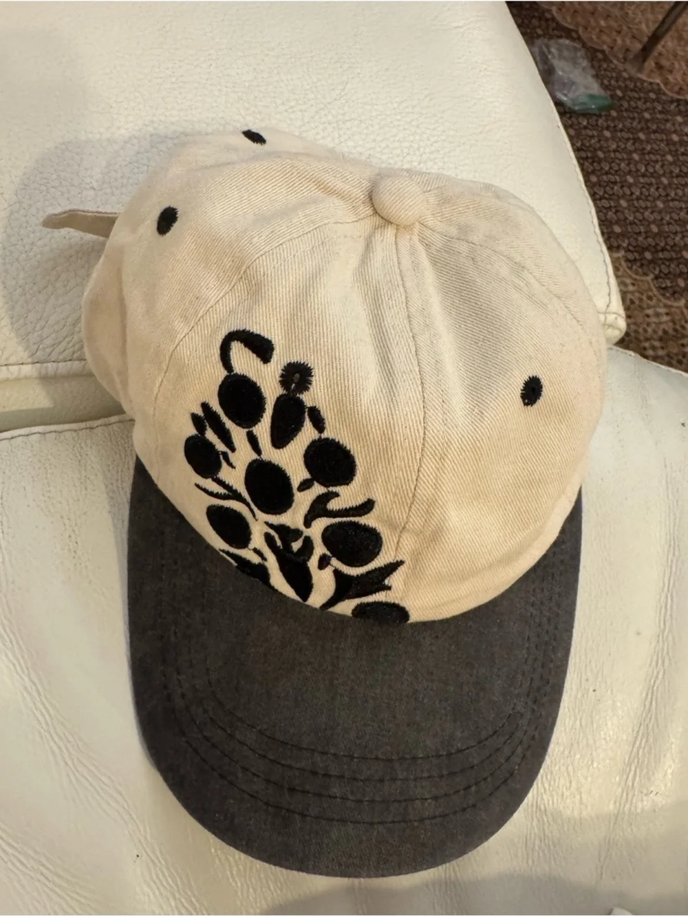 Free People Two-Tone Embroidered Floral Baseball Cap - Cream & navy and black